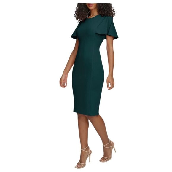Calvin Klein Womens Dark Green Short Flutter Sleeve Sheath Midi Dress Sz 10 NWT - Picture 9 of 11